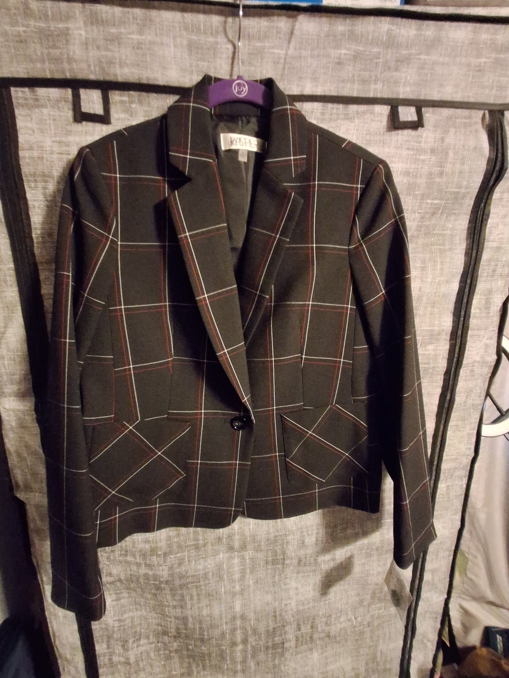 Kasper Black Plaid Single-Button Blazer with Red & White Windowpane
